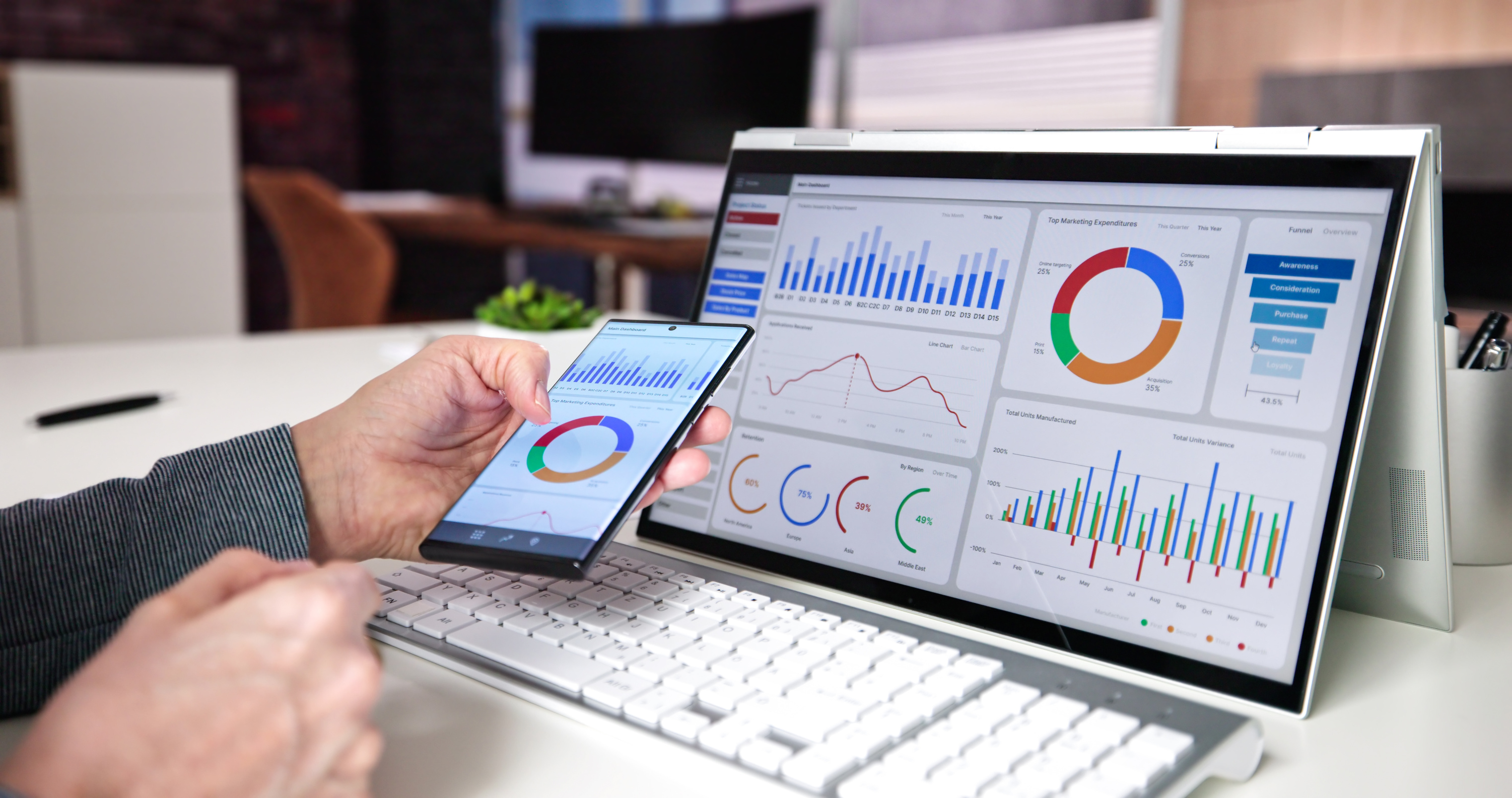 Finance dashboard displayed across a laptop and mobile device
